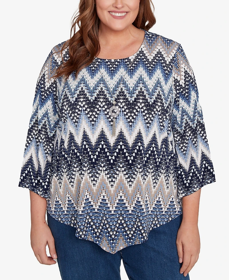 Alfred Dunner Plus Classic Puff Print Textured Chevron Crew Neck Top
