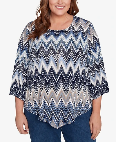 Alfred Dunner Plus Classic Puff Print Textured Chevron Crew Neck Top