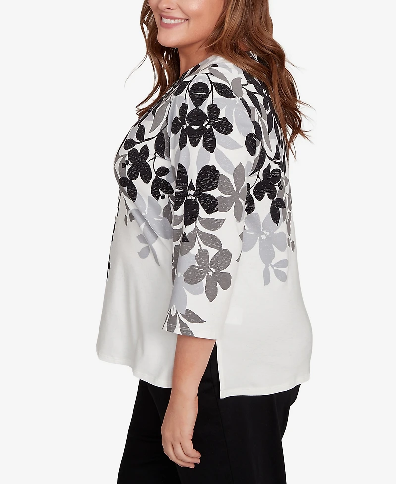 Alfred Dunner Plus Classic Shadow Leaf Three Quarter Sleeve Top