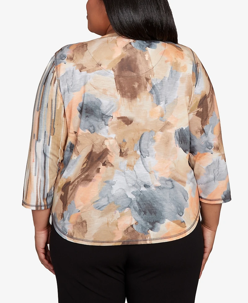 Alfred Dunner Plus Classic Spliced Floral Stripe Crew Neck Top