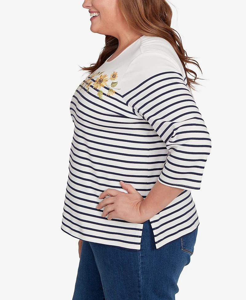 Alfred Dunner Plus Classic Sunflower Neckline Striped Top