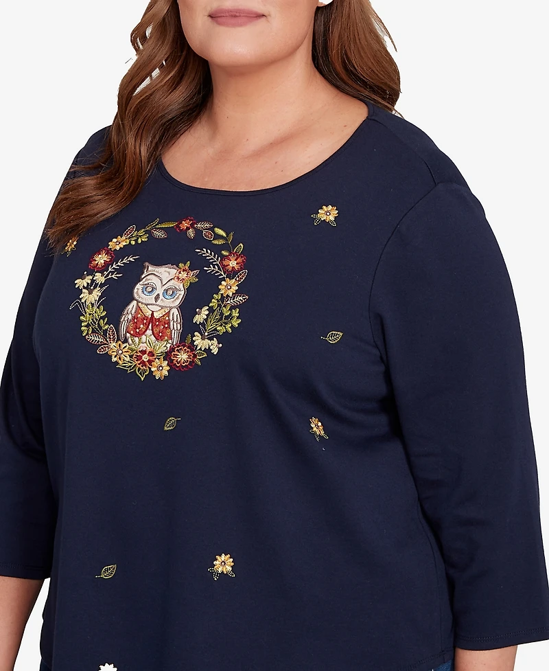 Alfred Dunner Plus Classic Owl Wreath Embroidered Top