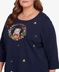 Alfred Dunner Plus Classic Owl Wreath Embroidered Top