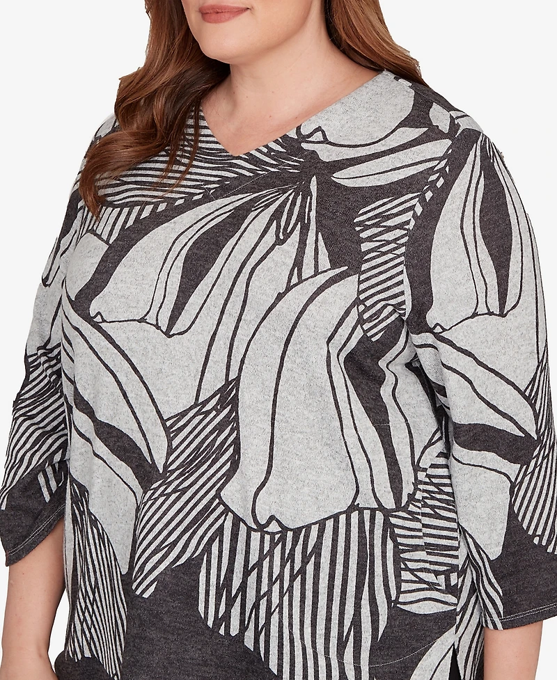 Alfred Dunner Plus Classic Abstract Floral Stripe V-Neck Top