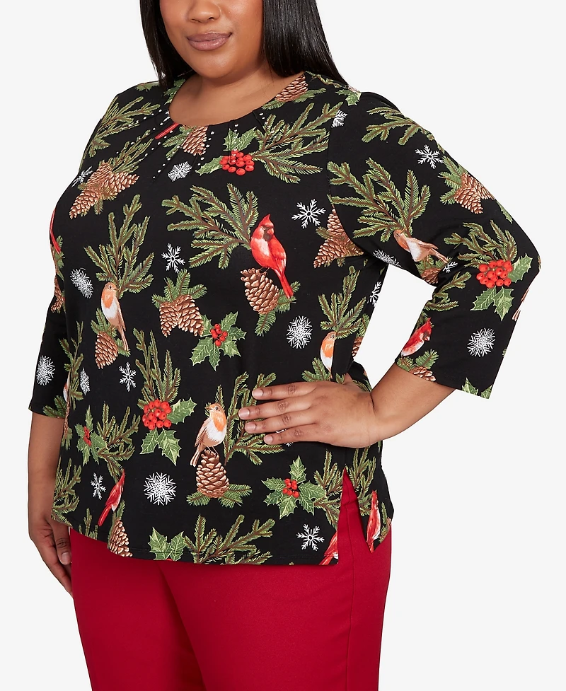 Alfred Dunner Plus Classic Cardinals And Pinecones Embellished Crew Neck Top