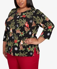 Alfred Dunner Plus Classic Cardinals And Pinecones Embellished Crew Neck Top