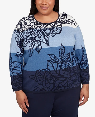 Alfred Dunner Plus Classic Ombre Floral Block Stripe Sweater
