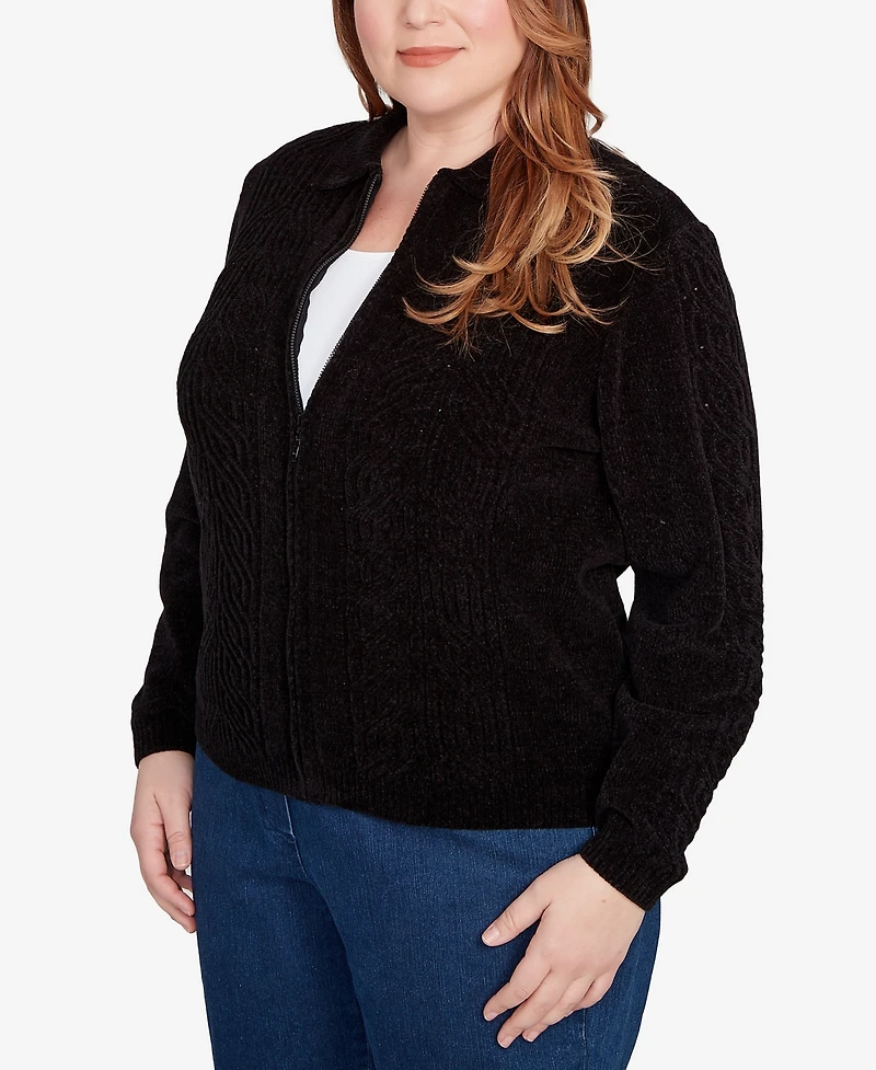 Alfred Dunner Plus Classic Zip-Front Chenille Collared Cardigan Sweater