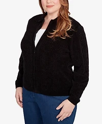Alfred Dunner Plus Classic Zip-Front Chenille Collared Cardigan Sweater
