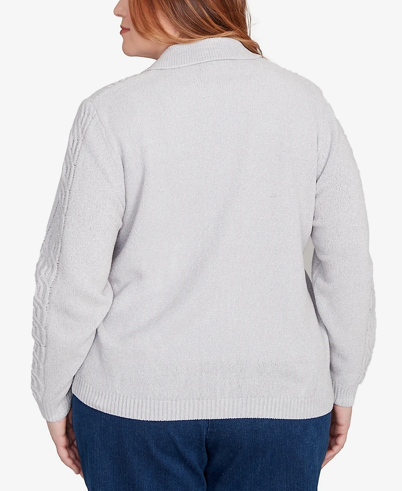 Alfred Dunner Plus Classic Zip-Front Chenille Collared Cardigan Sweater