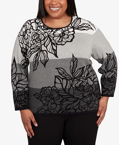 Alfred Dunner Plus Classic Ombre Floral Block Stripe Sweater