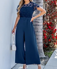 Cupshe Women's Lace Short Sleeve Belted Jumpsuit