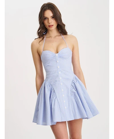 Miss Circle Women's Melody Baby Blue Railroad Stripe Halter Drop Waist Mini Dress