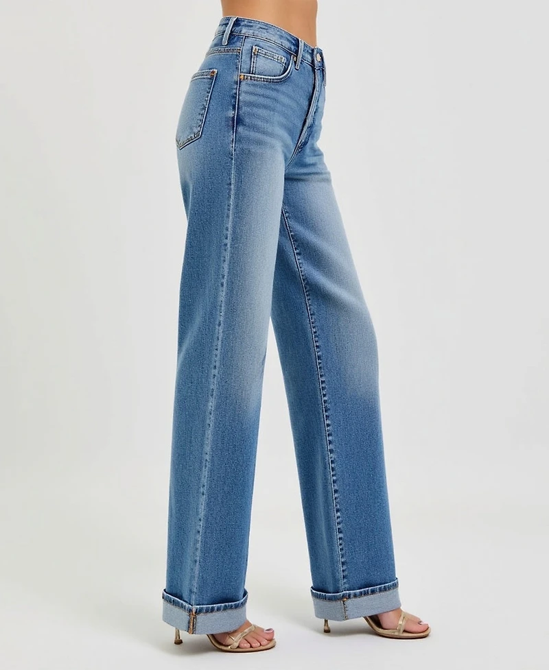 Modenaire Women's Wide-Leg Button-Fly Cuffed Patch Pocket Jeans