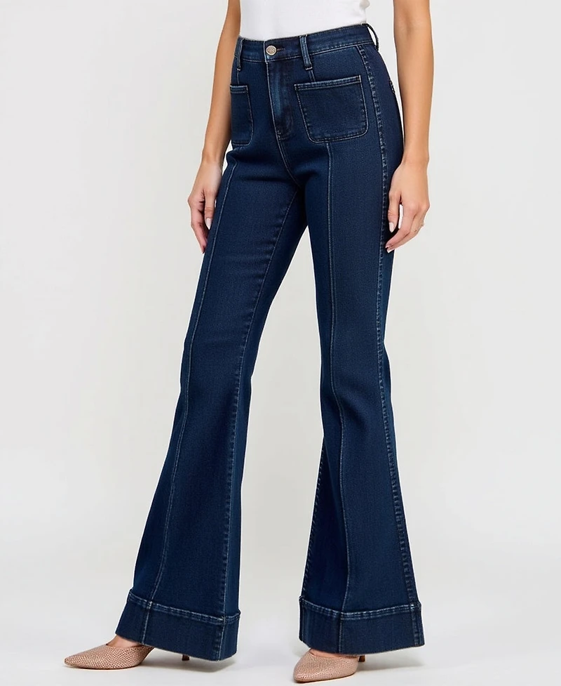 Modenaire Women's High Waist Flare Cuffed Hem Patch Pocket Jeans