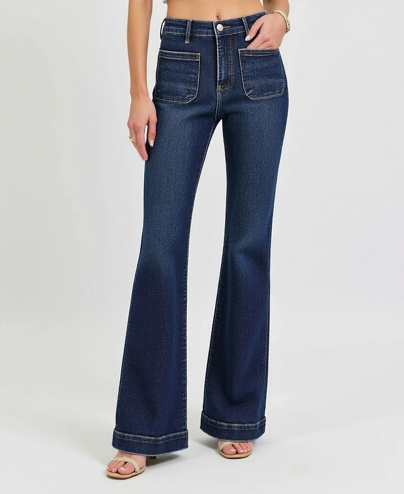 Modenaire Women's High Waist Flare Front Patch Pocket Jeans
