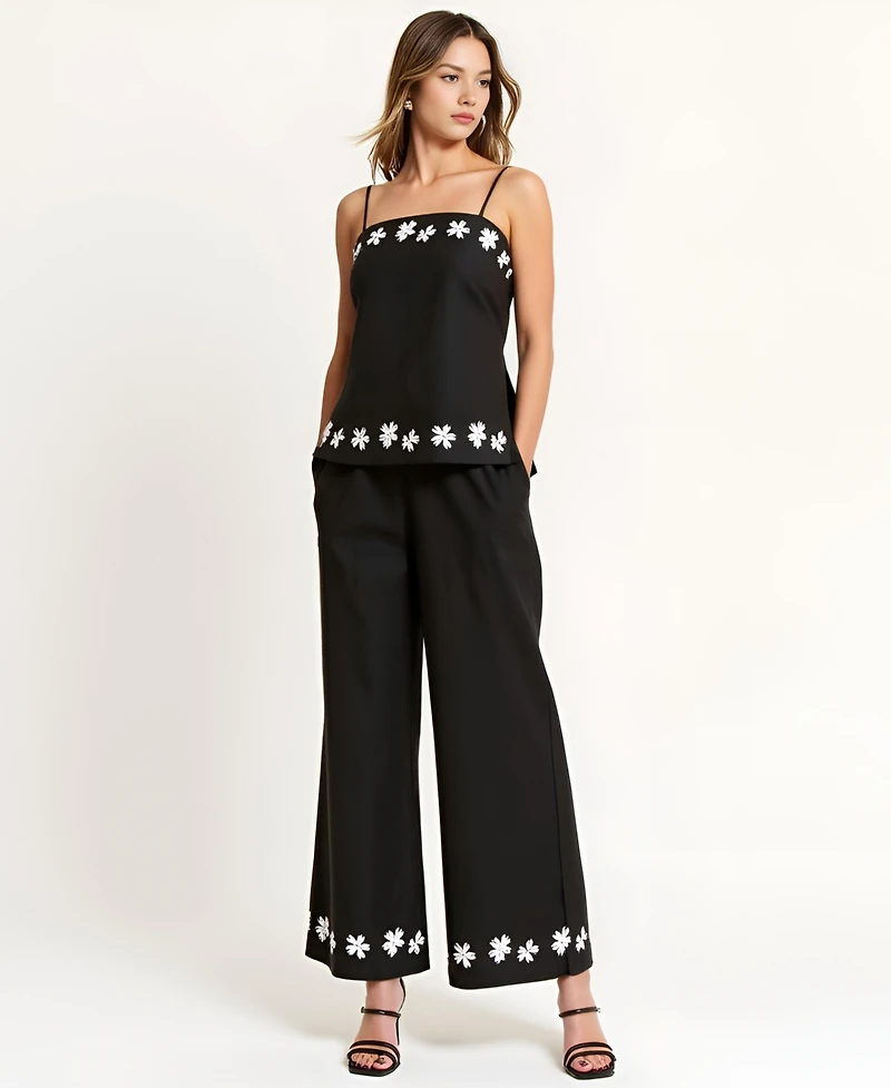 Modenaire Women's Embroidered Floral Hem Camisole and Wide-Leg Pant Set