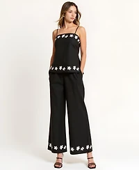 Modenaire Women's Embroidered Floral Hem Camisole and Wide-Leg Pant Set