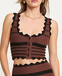 Modenaire Women's Scallop Trim Crochet Striped Knit Crop Top and Maxi Skirt Set