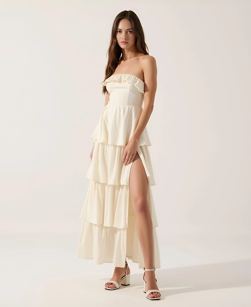 Modenaire Women's Strapless Tiered Ruffle High Slit Maxi Dress