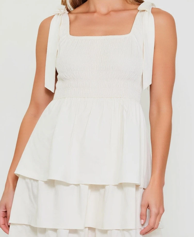 Modenaire Women's Tiered Smocked Bow-Tie Shoulder Midi Dress