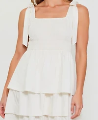 Modenaire Women's Tiered Smocked Bow-Tie Shoulder Midi Dress