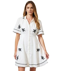 Modenaire Women's Short-Sleeve Embroidered Scalloped Shirt Dress