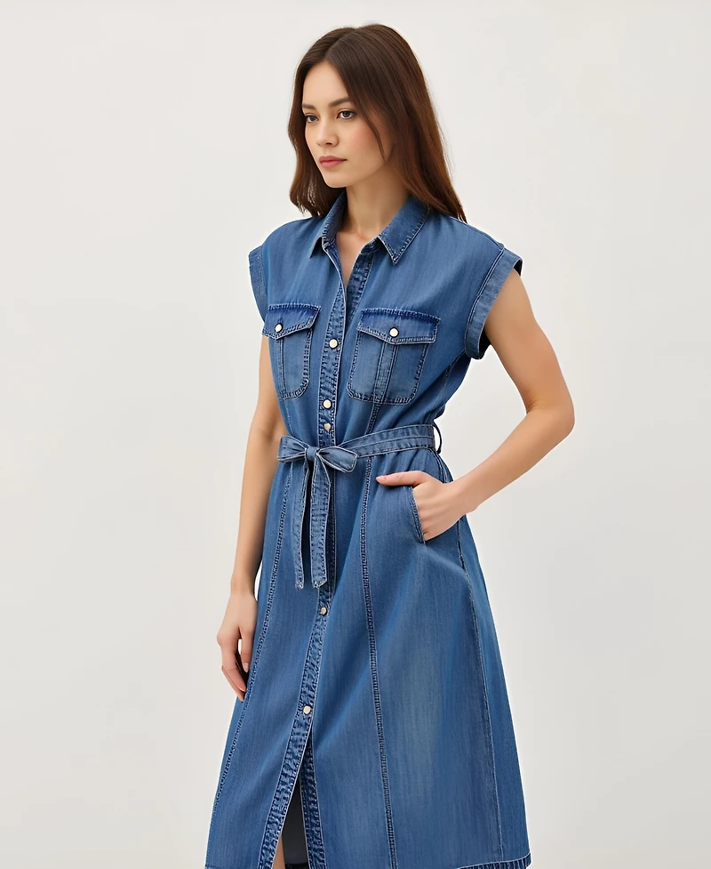 Modenaire Women's Sleeveless Button-Front Tie-Waist Midi Shirt Dress