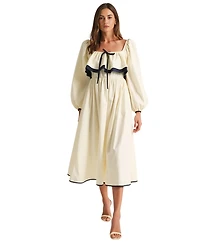 Modenaire Women's Long Sleeve Ruffle Trim Tie Front Midi Dress