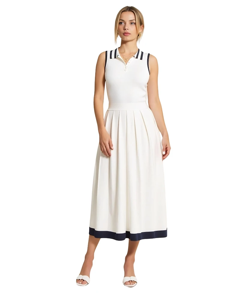 Modenaire Women's Sleeveless Knit Midi Dress with Contrast Collar