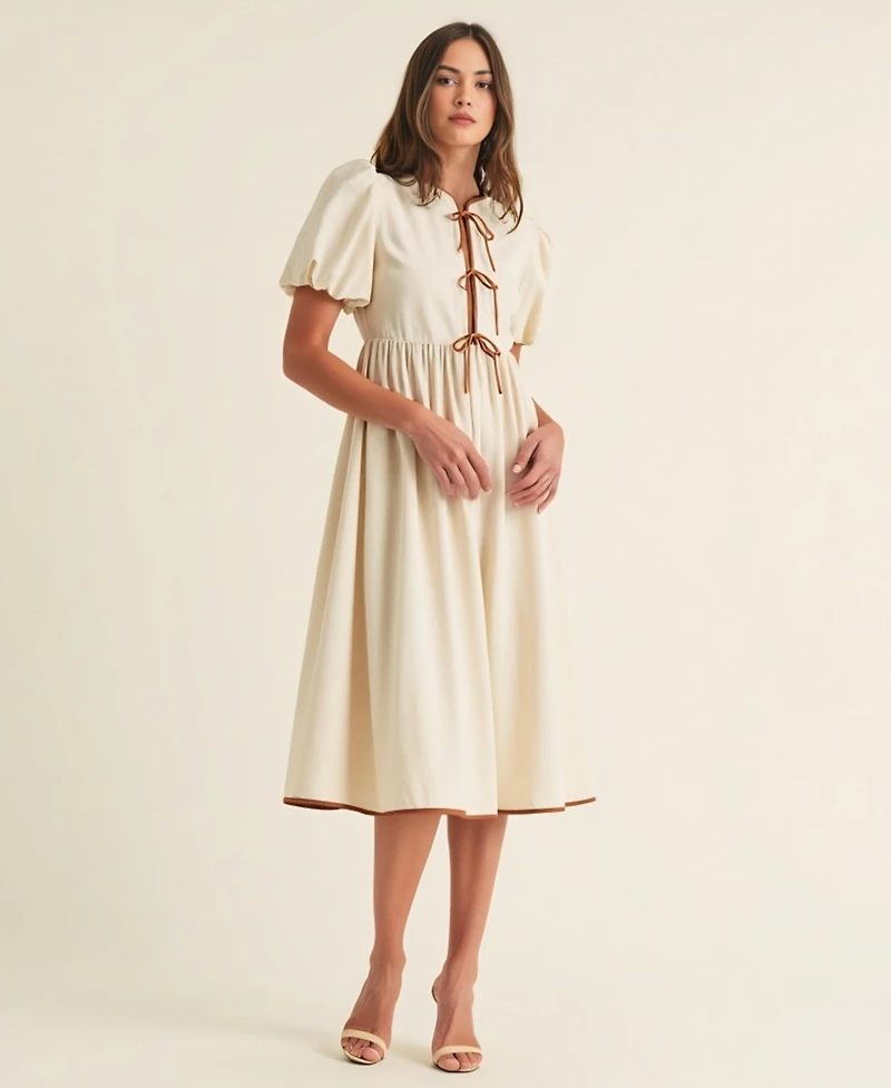 Modenaire Women's Puff Sleeve Contrast Tie Midi Dress