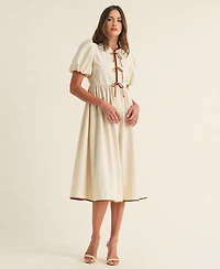 Modenaire Women's Puff Sleeve Contrast Tie Midi Dress