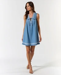 Modenaire Women's Sleeveless Embroidered Trim Tie Front Mini Dress