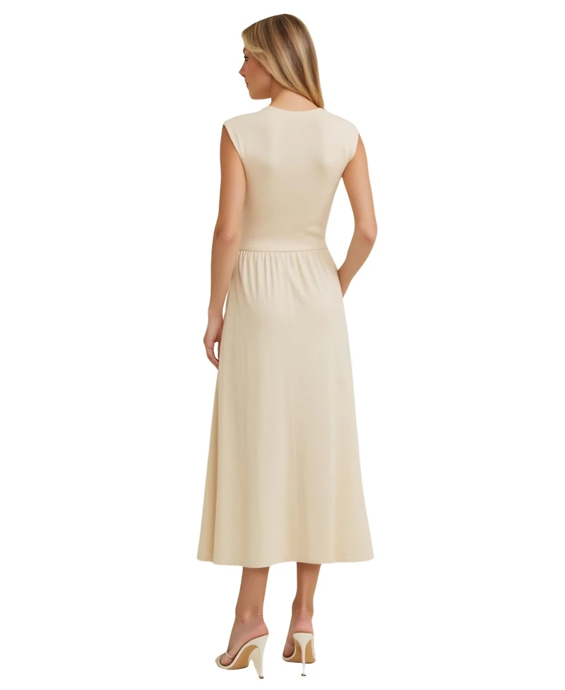 Modenaire Women's Cap Sleeve Knit Bodice Midi Dress with Pockets