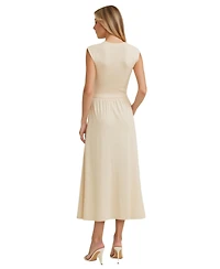 Modenaire Women's Cap Sleeve Knit Bodice Midi Dress with Pockets