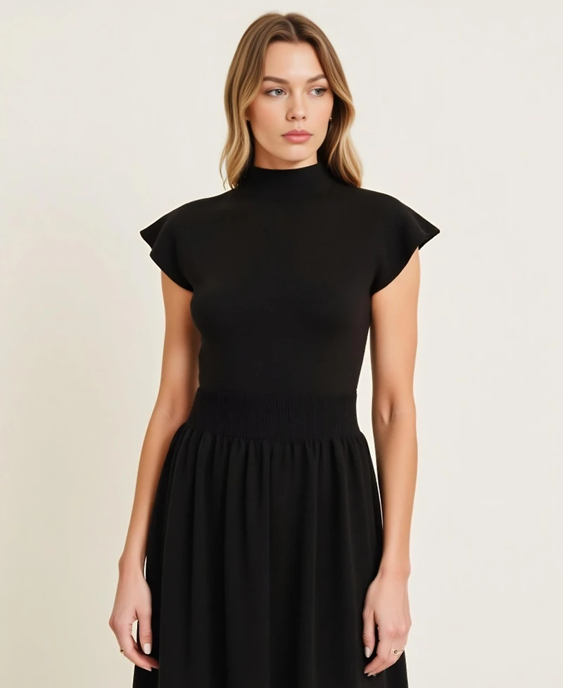 Modenaire Women's Scallop Edge Mock Neck Sleeveless Knit Midi Dress