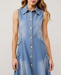 Modenaire Women's Sleeveless Frayed Seams Button Front Midi Dress
