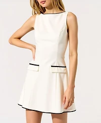 Modenaire Women's Sleeveless Contrast Trim Faux Pocket Flaps Mini Dress