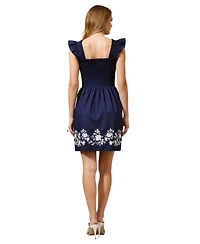 Modenaire Women's Smocked Ruffle Strap Floral Embroidery Mini Dress