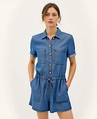 Modenaire Women's Utility Button-Up Drawstring Waist Romper