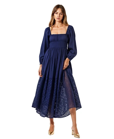 Modenaire Women's Square-Neck Smocked Eyelet Hem Midi Dress