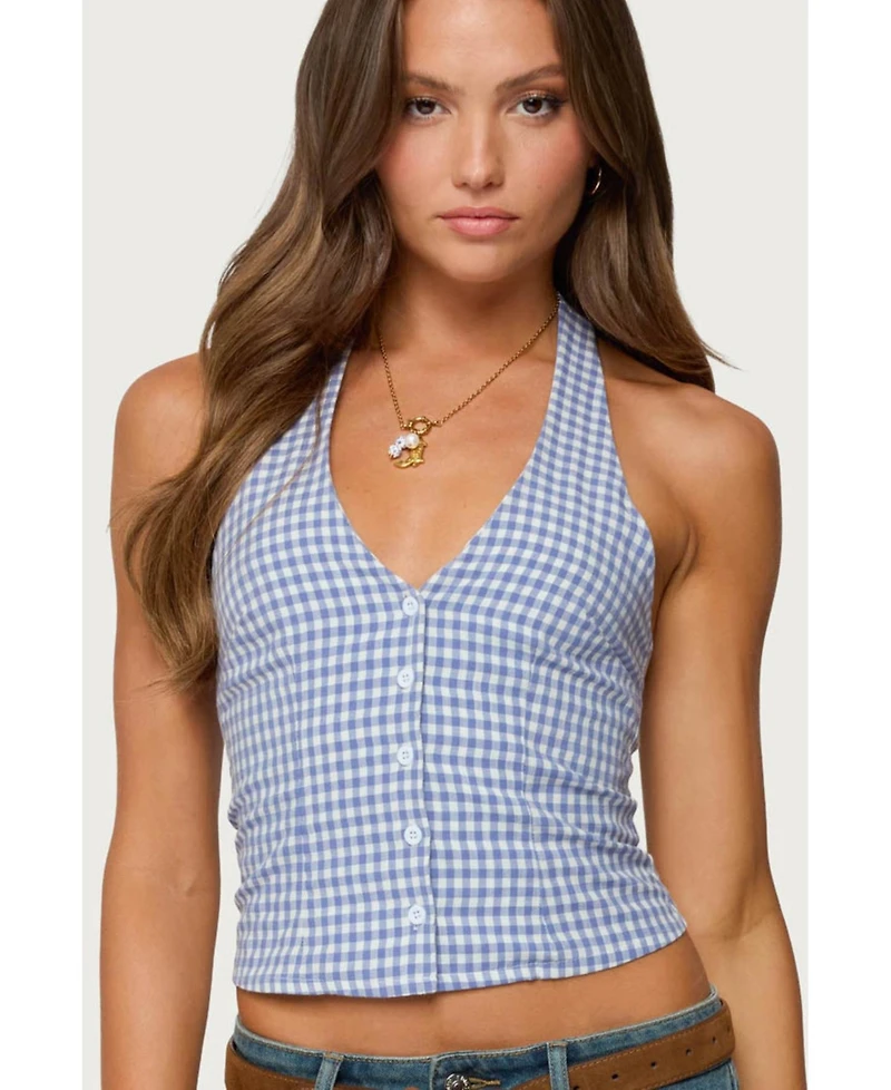 Edikted Women's Evan Gingham Button Up Halter Top