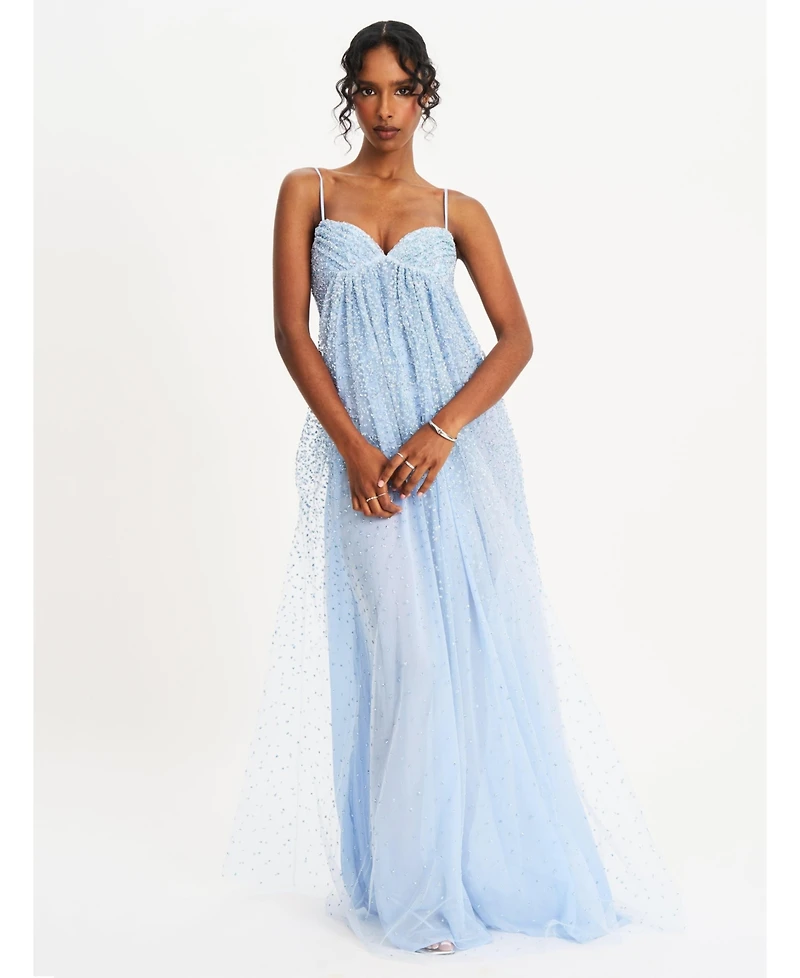 Miss Circle Women's Wallie Baby Blue Rhinestone Embellished Mesh Backless Gown