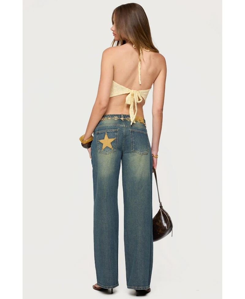 Edikted Women's Faux Suede Star Low Rise Jeans