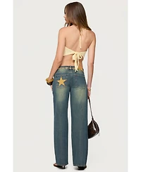 Edikted Women's Faux Suede Star Low Rise Jeans