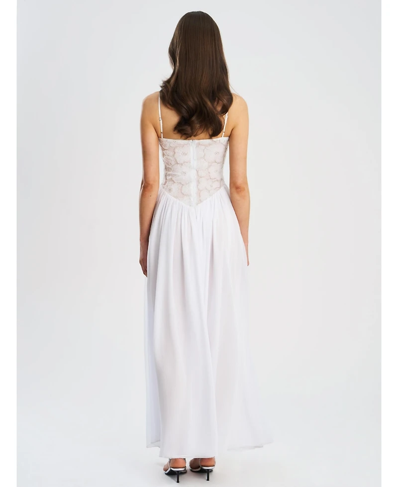 Miss Circle Women's Ucille White Embroidered Chiffon Maxi Dress