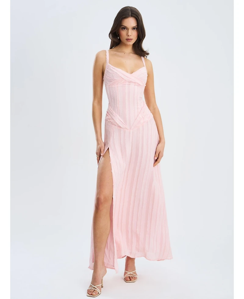 Miss Circle Women's Mallory Baby Pink Stripe Jacquard High Slit Gown