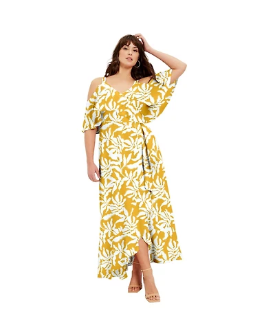 June + Vie Women's Cold-Shoulder Faux-Wrap Maxi Dress