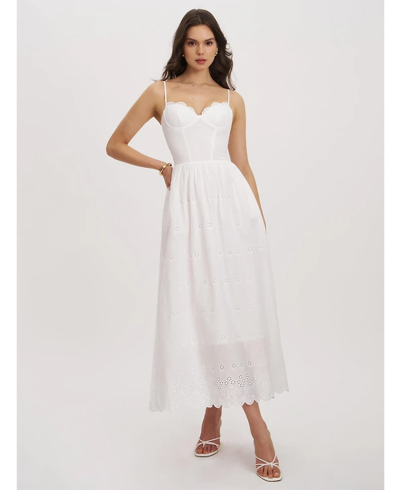 Miss Circle Women's Oberon White Cotton Eyelet Lace-Up Back Maxi Dress