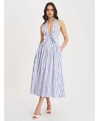 Miss Circle Women's Mackenna Navy Stripe Halter Smock Back Maxi Dress